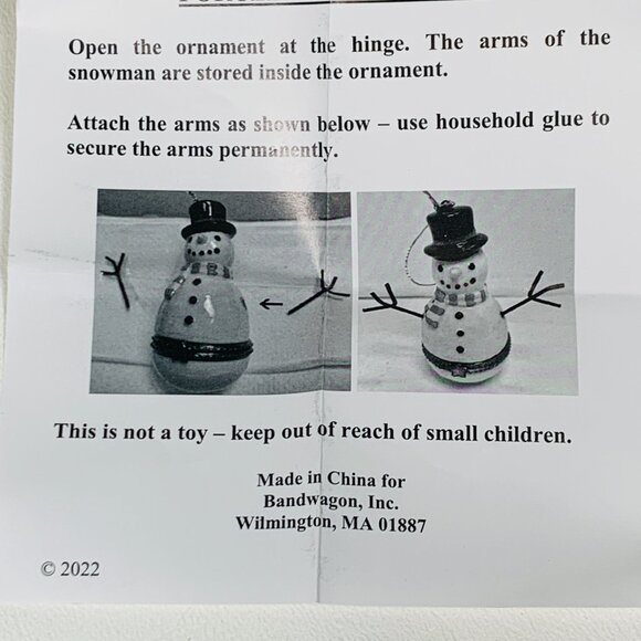 Snowman Stick Arms Porcelain Hinged Surprise Gift Trinket Box Christmas Ornament - Picture 4 of 4